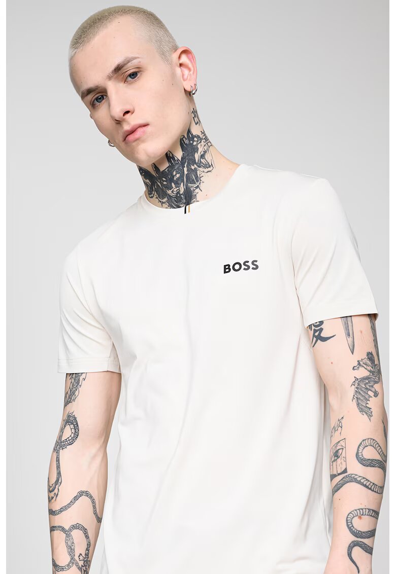 BOSS Тениска с контрастно лого - Слонова кост/Черен