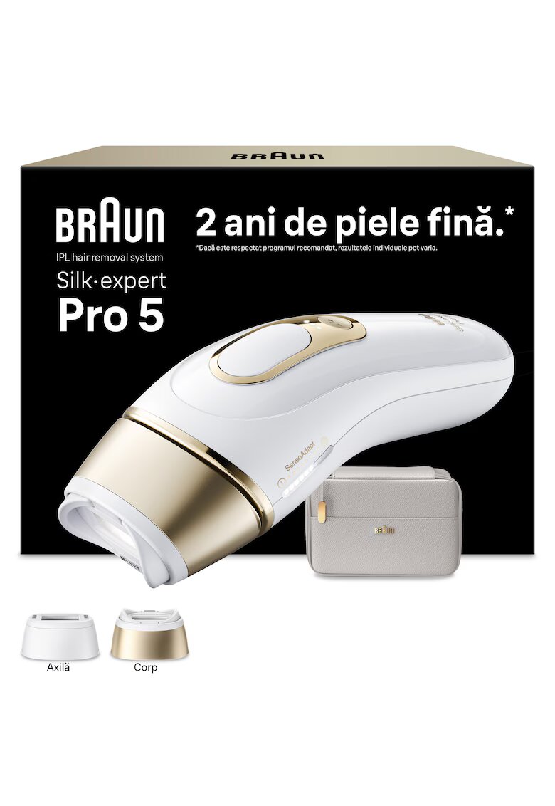 Braun Епилатор IPL Silk-expert PRO 5 Автоматичен и непрекъснат сензор Skin pro 2.0 - 400.000 импулса - 10 нива на интензитет - - Бял/Златист