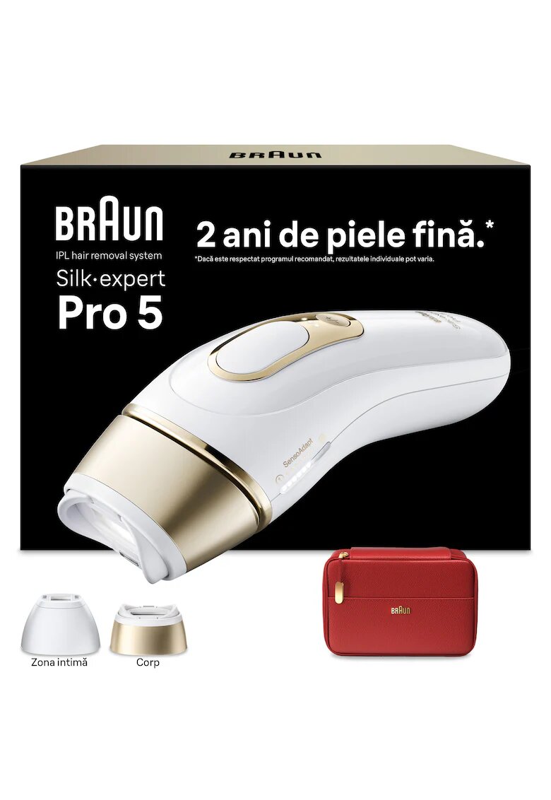 Braun Епилатор IPL Silk-expert PRO 5 Автоматичен и непрекъснат сензор Skin pro 2.0 - 400.000 импулса - 10 нива на интензитет - - Бял/Златист/Бордо