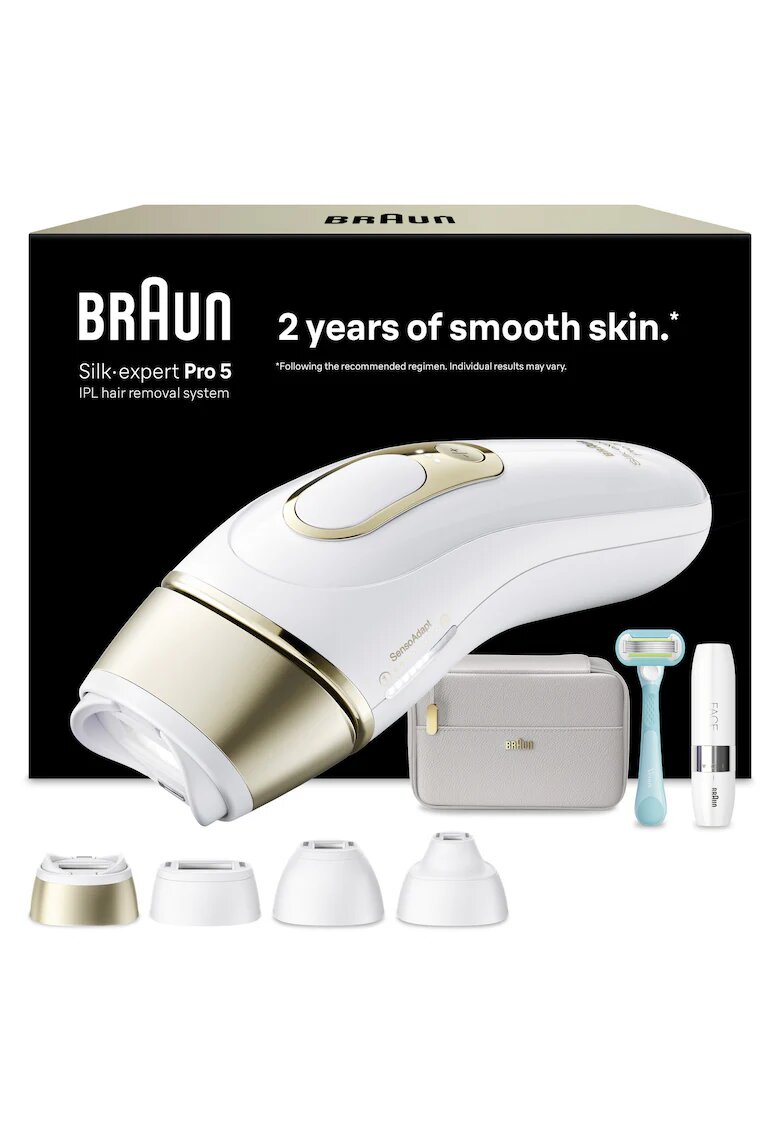 Braun Епилатор IPL Silk-expert PRO 5 Автоматичен и непрекъснат сензор Skin pro 2.0 - 400.000 импулса - 10 нива на интензитет - - Бял/Златист/Светло сив