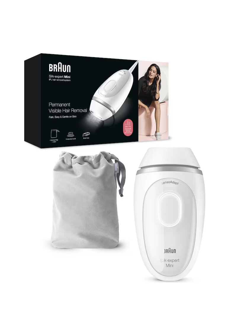 Braun Фотоепилатор IPL IPL Silk·expert Mini PL1124 - SensoAdapt - 300 000 импулса - 3 нива на интензитет - Тяло и лице - Самобръсначка Venus - Чанта за път - Бял/Сив