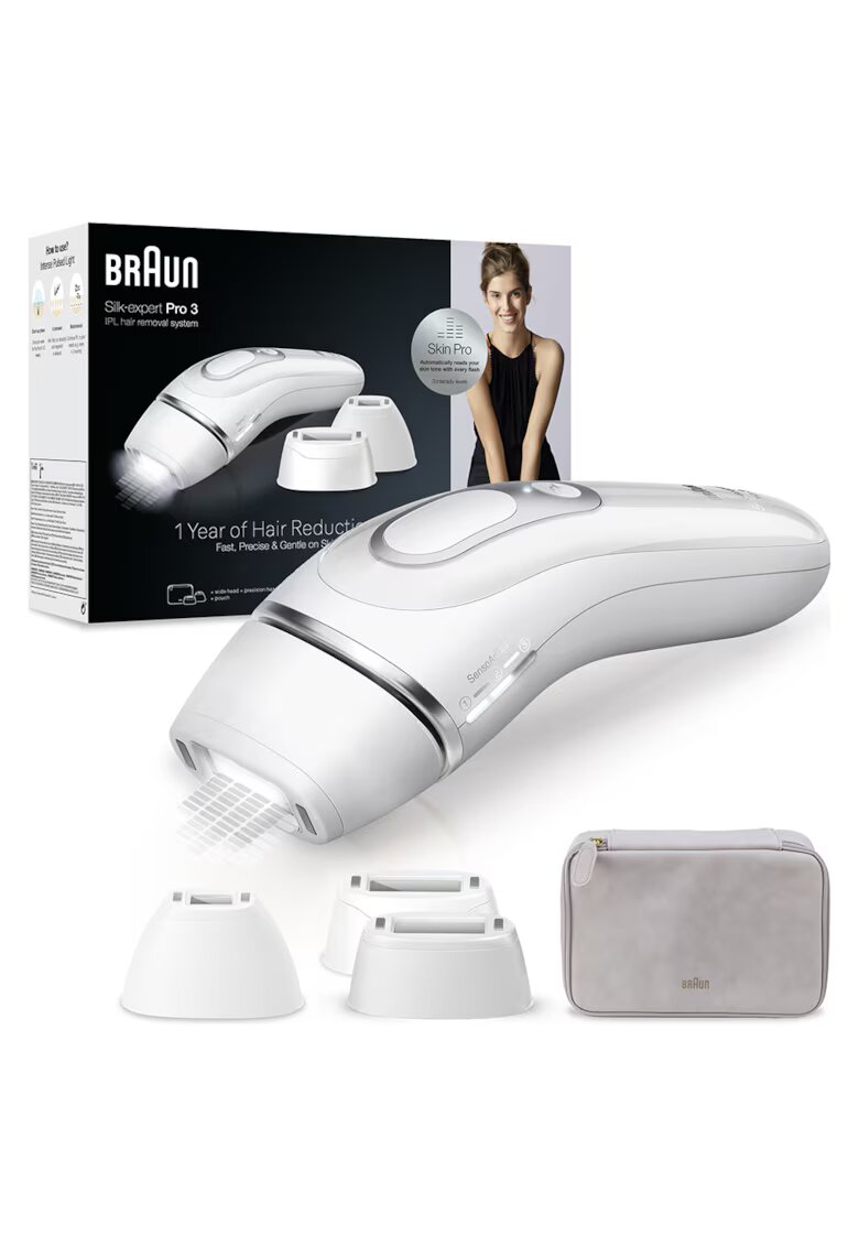 Braun Фотоепилатор IPL Silk-expert PRO 3 PL3230 Автоматичен и непрекъснат сензор Skin pro - 300 000 импулса - 3 нива на интензитет - 100 импулса в минута - Комплект за ...