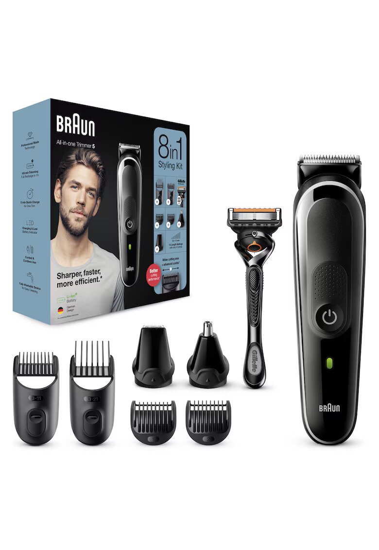 Braun Машинка за подстригване MGK5360 Wet&Dry - Многофункционална - 13 настройки за дължина - 8 в 1 - 4 гребена - 2 допълнителни аксесоара - Самобръсначка ...