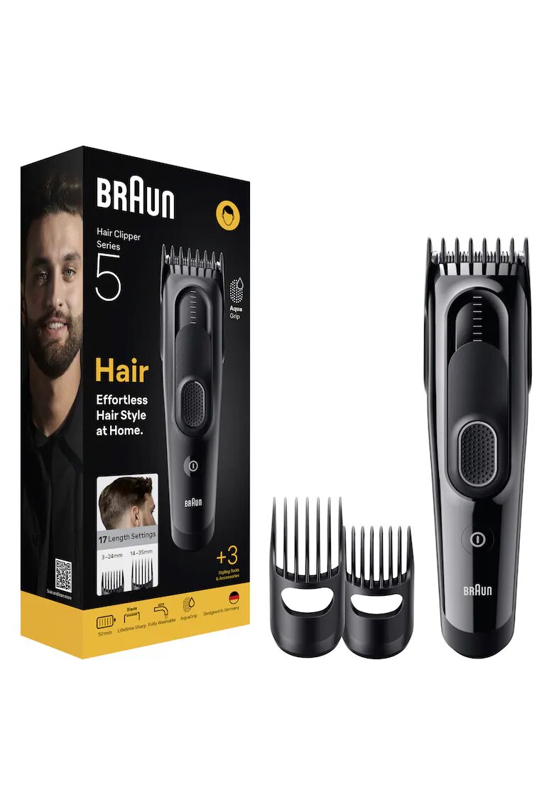 Braun Машинка за подстригване Series 5 HC5530 - + 3 акс за постригв - Остро острие - 17 настр за дълж - Закл на послед настр - Автоном. 50 мин - Водоуст - Черен