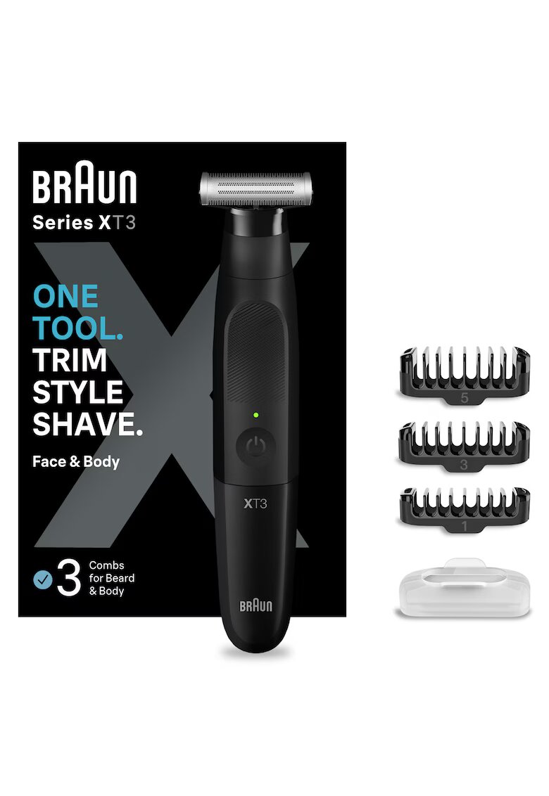 Braun Самобръсначка и тример за мъже Series X XT3100 Wet&Dry - 4D ножче - 3 гребена - 1 капак - Калъф - Черен