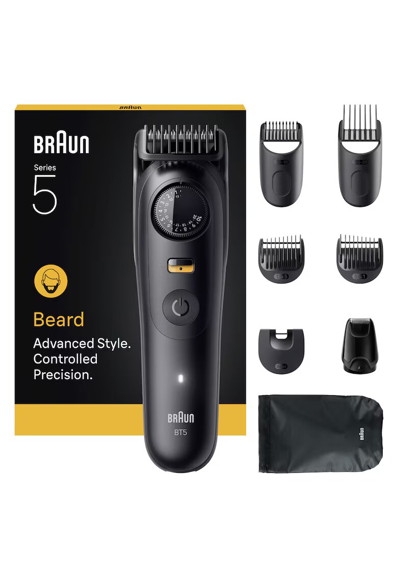 Braun Тример за брада Beard Trimmer Seria 5 BT5560 - Остро ножче - 5 гребена - 1 мини бръсн глава - 1 чанта - 1 четка за почиств - 40 настр за дълж - Авт.120 мин ...