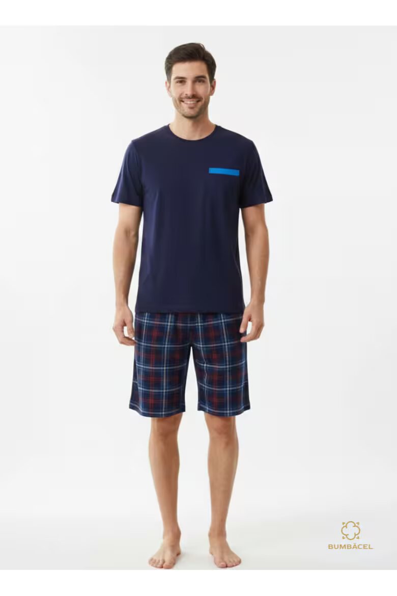 Bumbacel 100% COTTON Мъжка памучна пижама от две части тениска и къси панталони Син