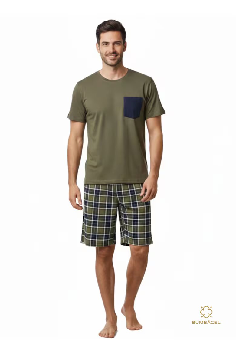 Bumbacel 100% COTTON Мъжка памучна пижама от две части тениска и къси панталони Зелен