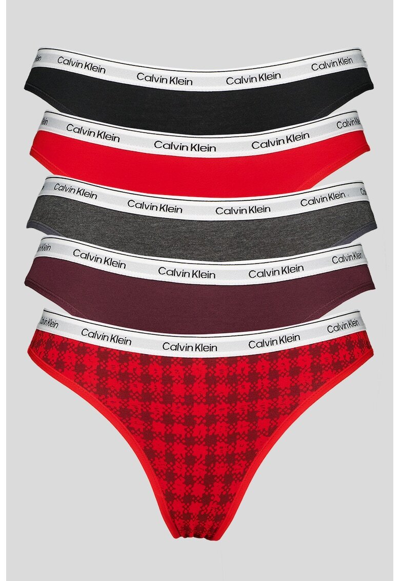 CALVIN KLEIN Бикини с лого - 5 чифта - Черен/Аленочервен/Тъмновиолетов