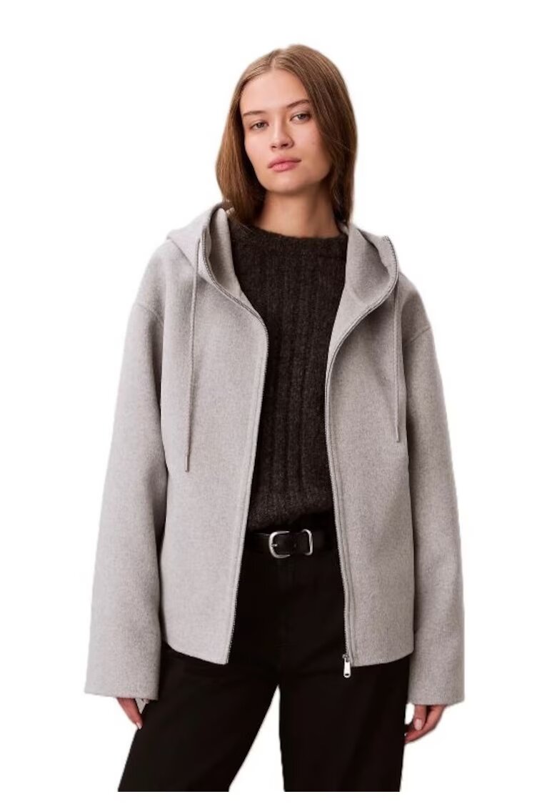 CALVIN KLEIN Дамско яке DBL FACE WOOL JACKET W/ HOOD - Полиестер - Сиво
