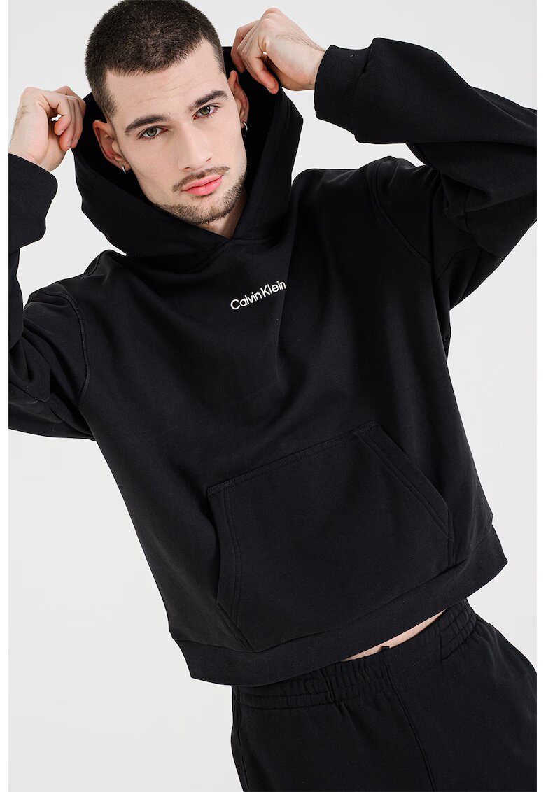 CALVIN KLEIN Худи с лого и джоб кенгуру - Черен