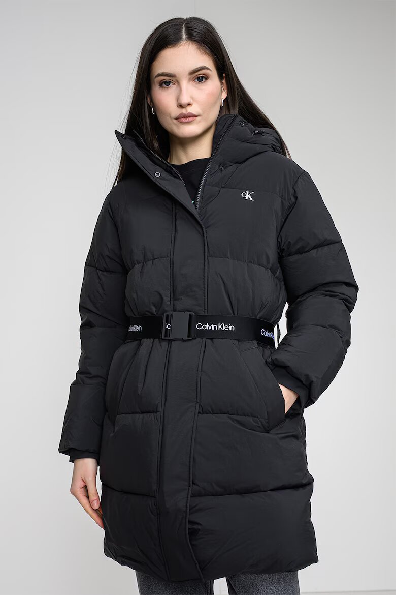CALVIN KLEIN JEANS Дълго зимно яке с колан Черен