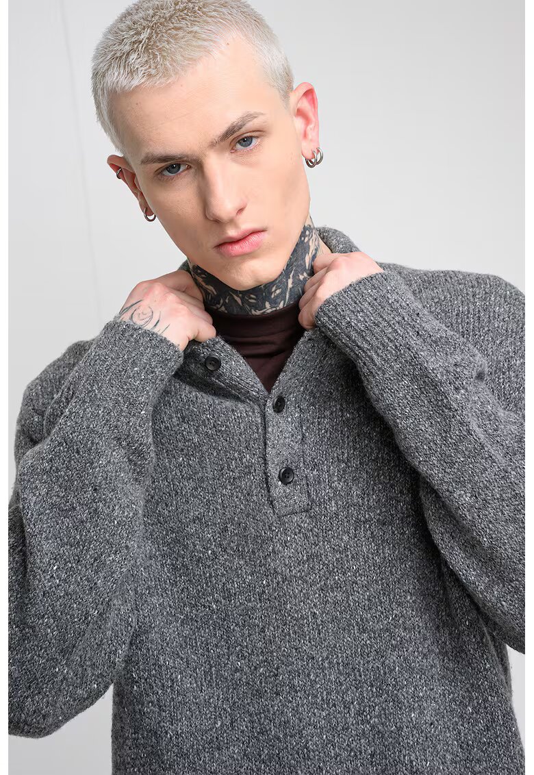 CALVIN KLEIN JEANS Плетен пуловер с вълна с копчета - Сив меланж