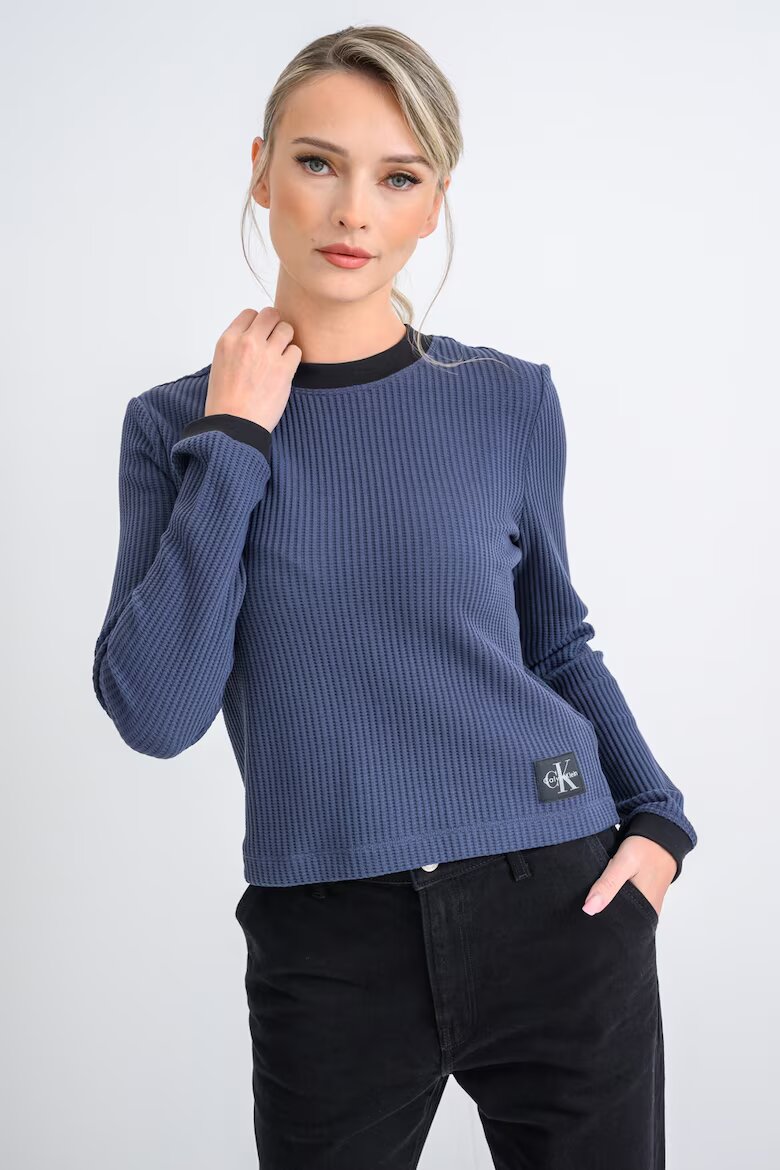 CALVIN KLEIN JEANS Рипсен пуловер с овално деколте Индигово синьо
