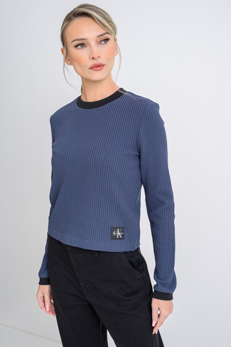 CALVIN KLEIN JEANS Рипсен пуловер с овално деколте Индигово синьо