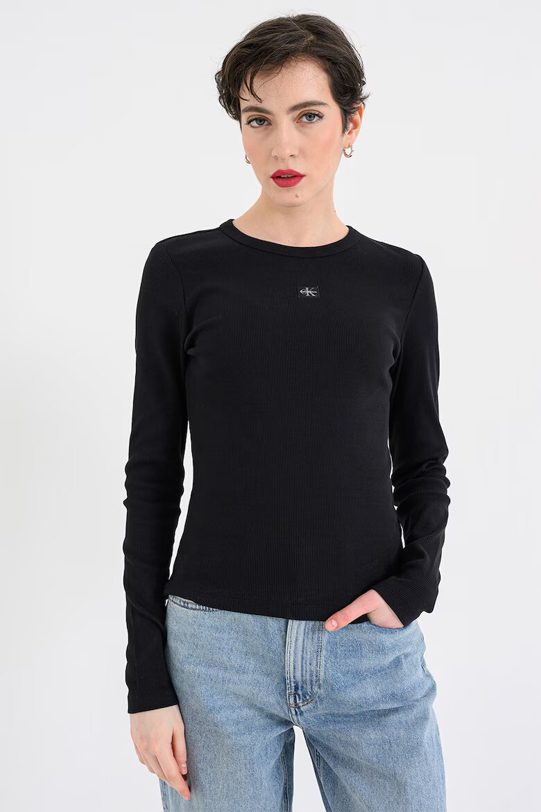 CALVIN KLEIN JEANS Рипсена слим блуза с лого Черен