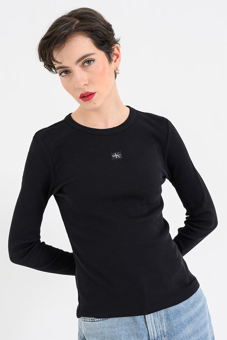 CALVIN KLEIN JEANS Рипсена слим блуза с лого Черен