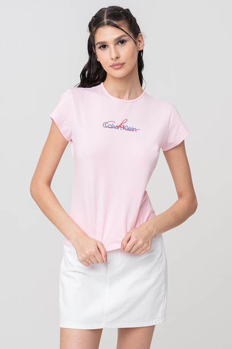 CALVIN KLEIN JEANS Слим тениска с лого Тъмносин/Пастелнорозов