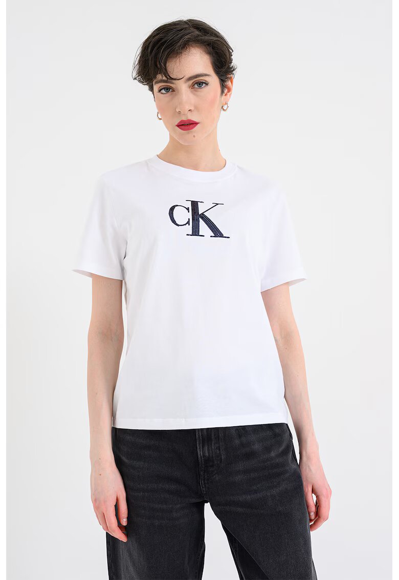 CALVIN KLEIN JEANS Тениска от памук с лого - Черен/Бял