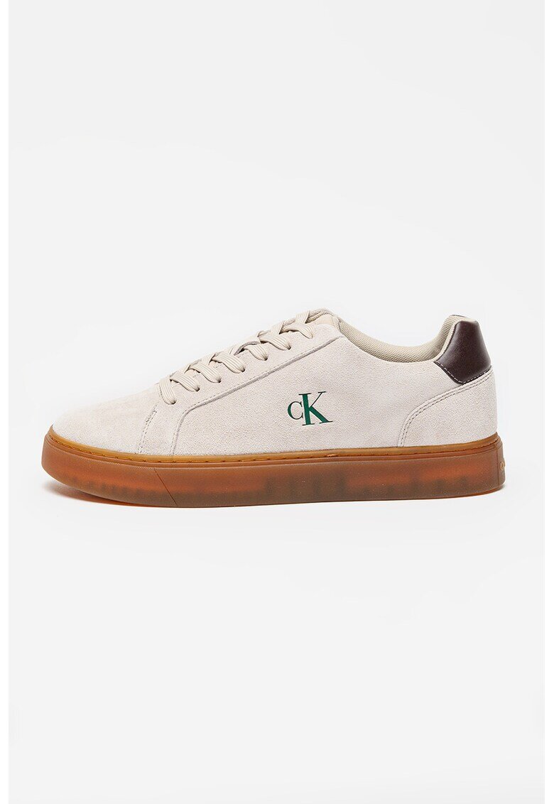 CALVIN KLEIN JEANS Велурени спортни обувки Classic Cupsole с връзки - Светло сив/Тъмнозелен
