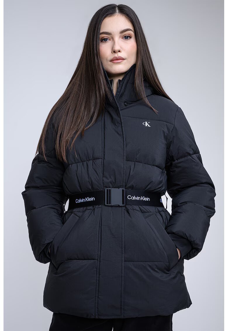 CALVIN KLEIN JEANS Зимно яке с колан с лого - Черен