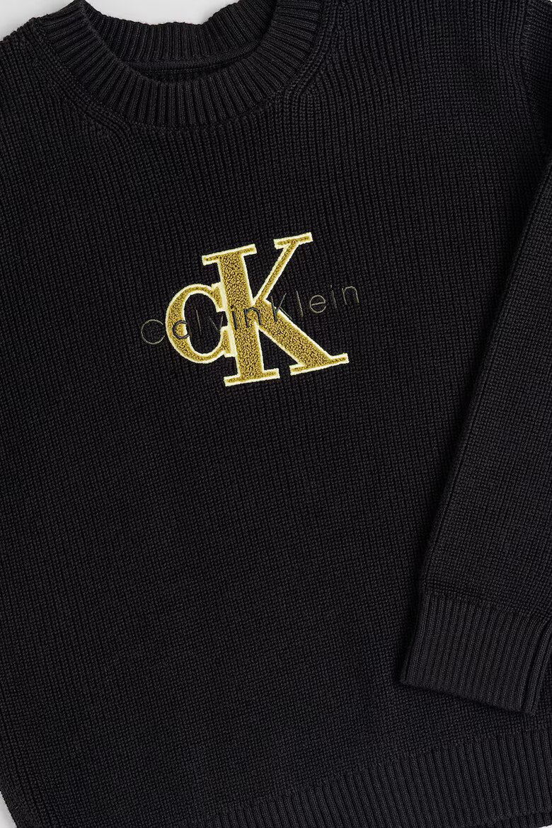 CALVIN KLEIN Памучен пуловер с овално деколте и лого Черен