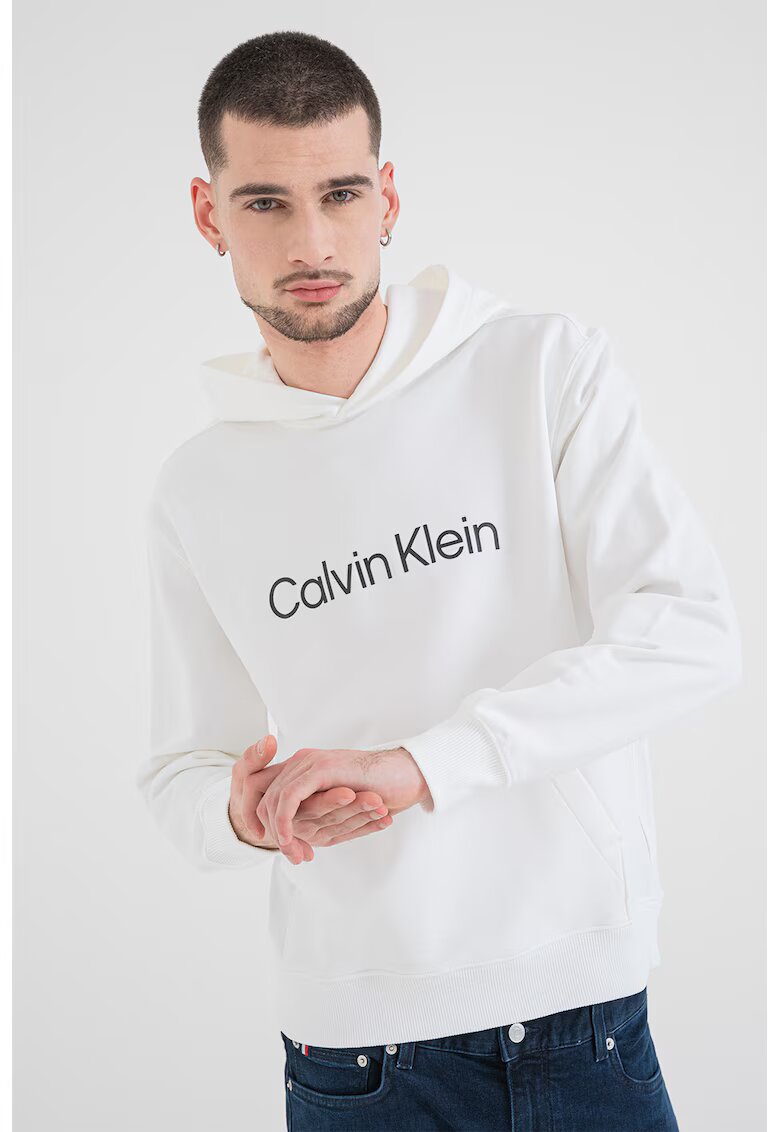 CALVIN KLEIN Памучно худи с джоб кенгуру - Мръснобял
