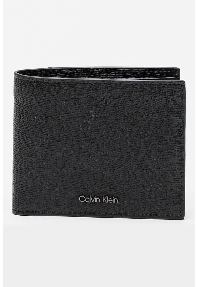 CALVIN KLEIN Портфейл от кожа Сафиано с двойно прегъване - Черен