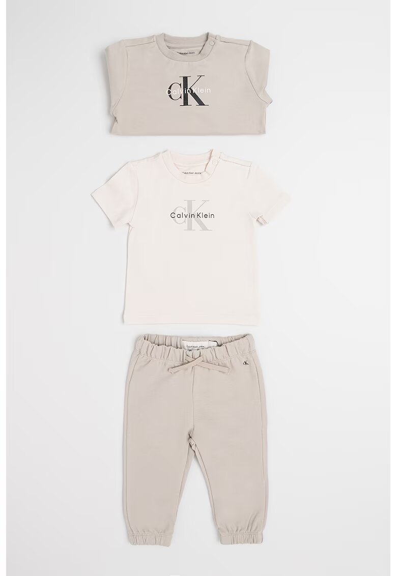 CALVIN KLEIN Суитшърт с органичен памук - тениска и спортен панталон - Бледозелен/Светло бежово