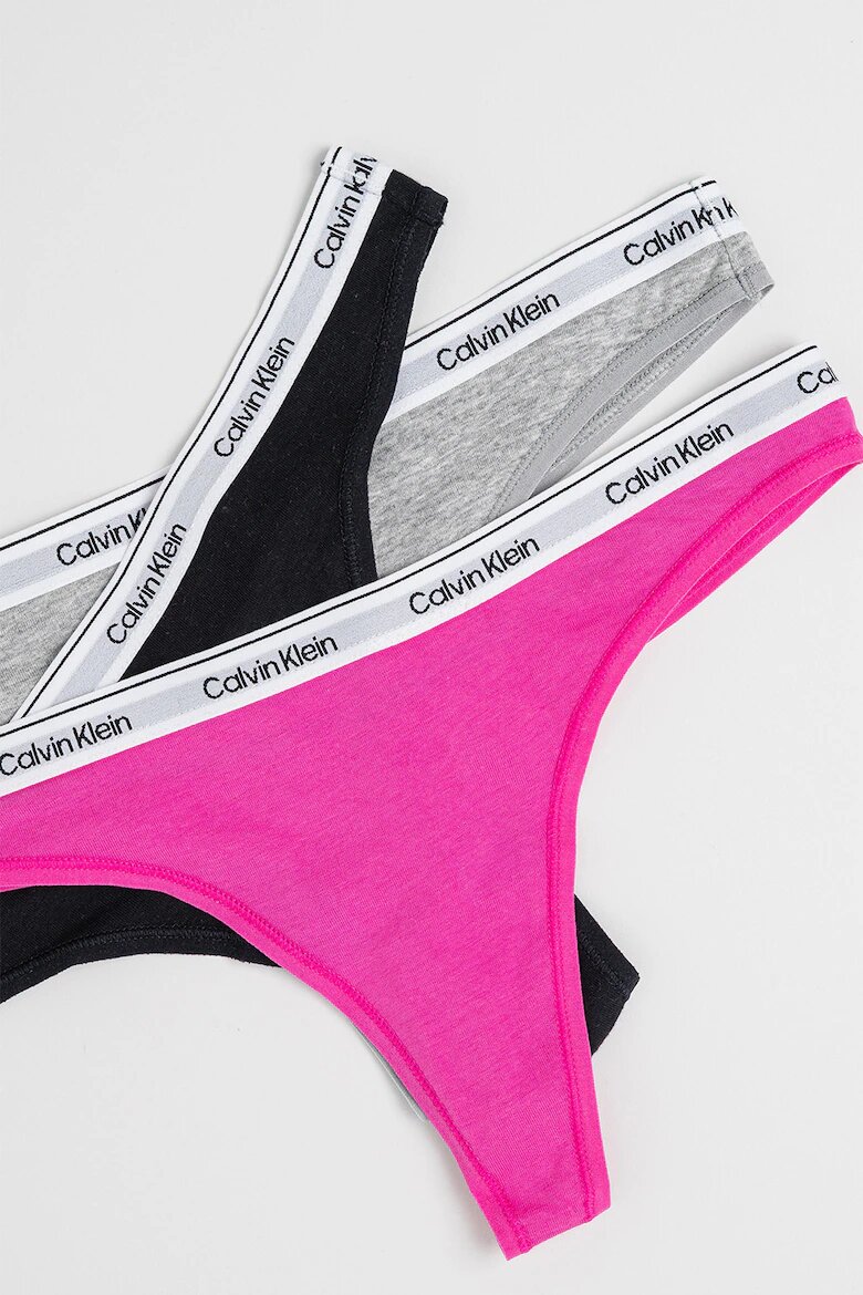 CALVIN KLEIN Танга с еластична талия с лого - 3 чифта Черен/Светло сив/Фуксия