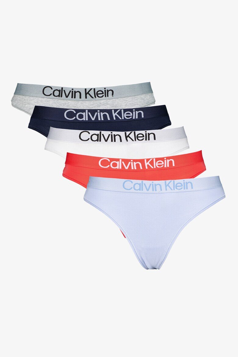 CALVIN KLEIN Танга с лого на талията - 5 чифта Бял/Сив меланж/Син