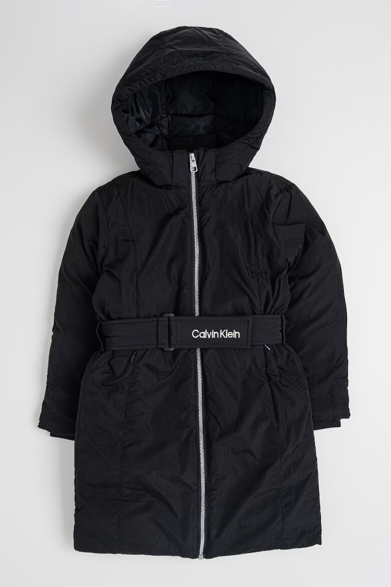 CALVIN KLEIN Зимно яке с качулка и колан на талията Черен