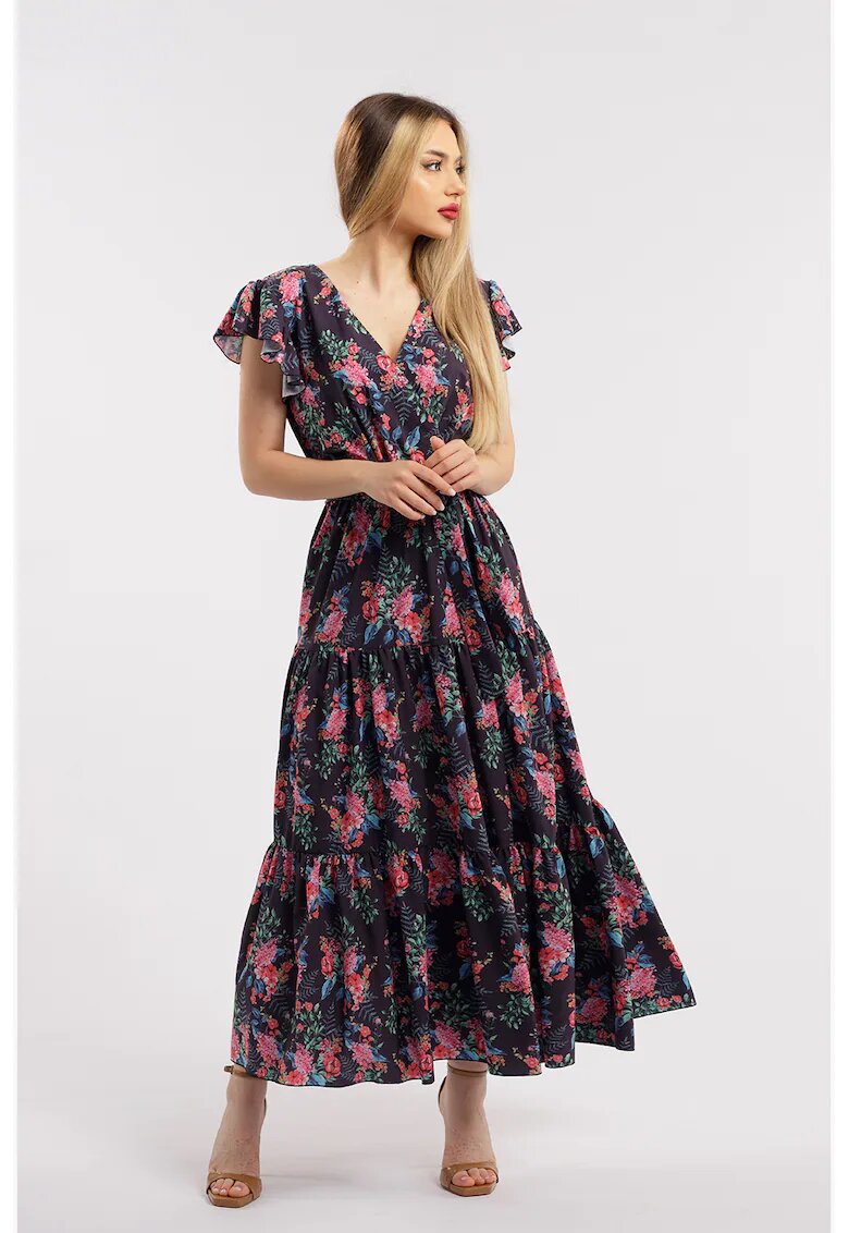 CAMISSI Дълга рокля с шпиц - Черен/Лайм зелено