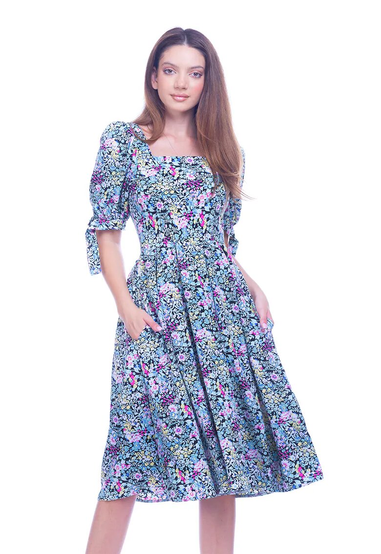 CAMISSI Флорална рокля с джобове встрани - Жълт/Розово/Син
