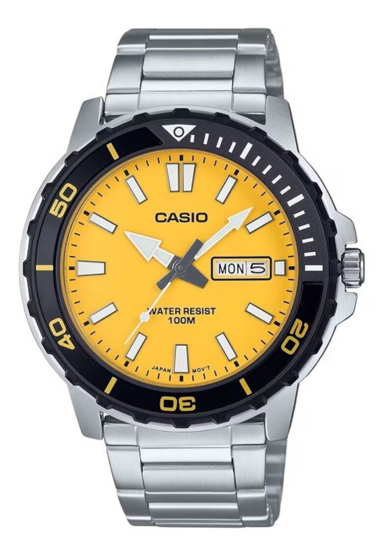 Casio Часовник за мъже Standard - жълт циферблат - неръждаема стомана - водоустойчив 100м - 45.6x10.4мм