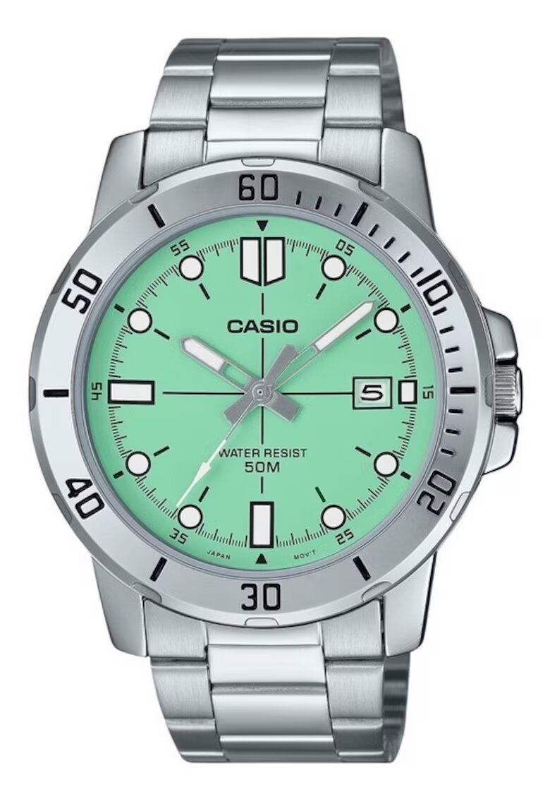Casio Мъжки часовник аналогов - корпус от неръждаема стомана - верижка от неръждаема стомана - ментов зелен циферблат - 45x10.3мм ...