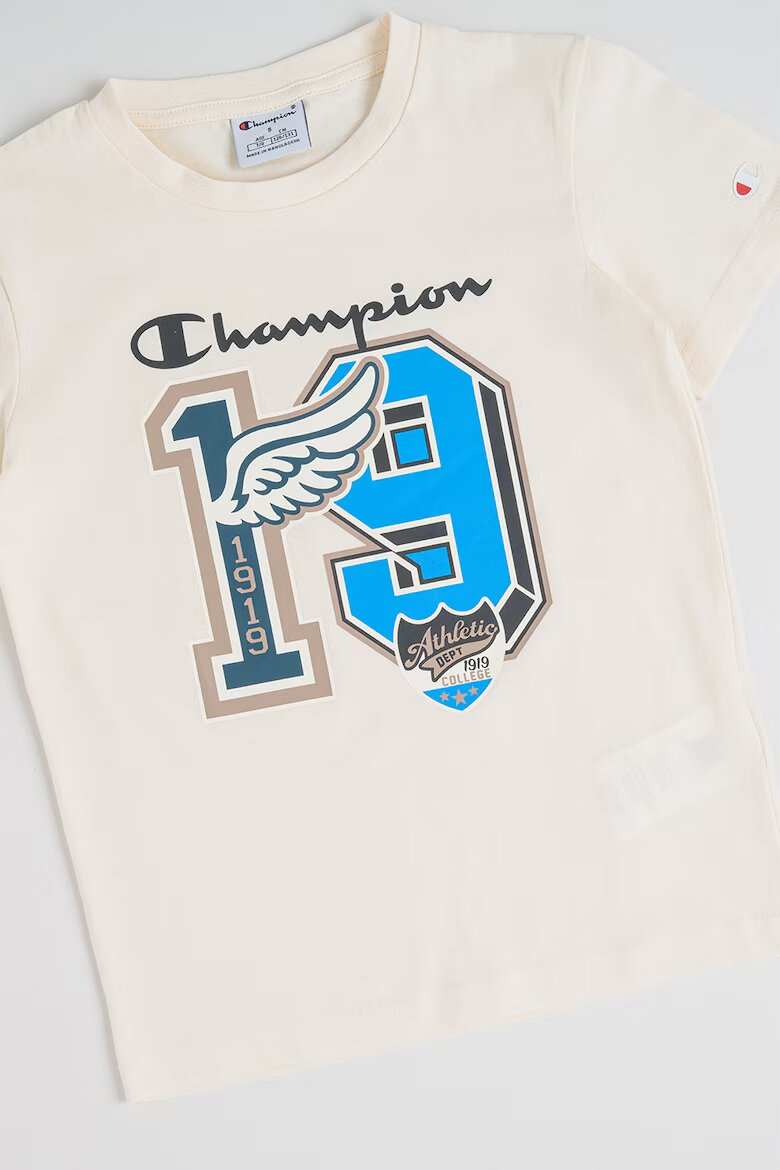 Champion Тениска от памук с шарка Неоново синьо/Мръснобял
