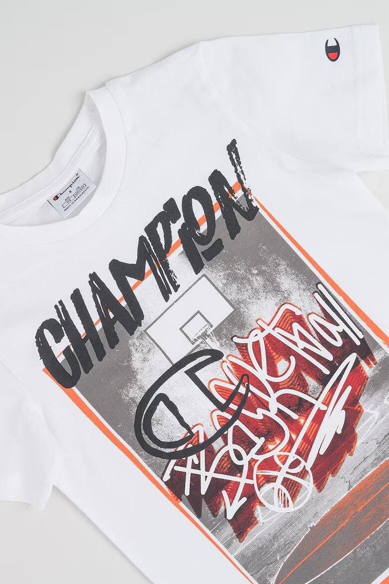 Champion Тениска от памук с шарка отпред Бял/Сив