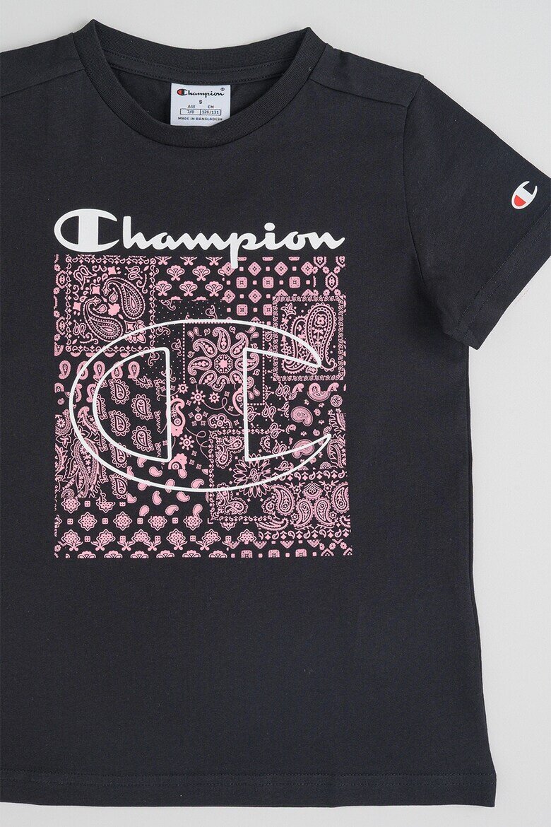 Champion Тениска с овално деколте и флорална шарка Черен/Розово