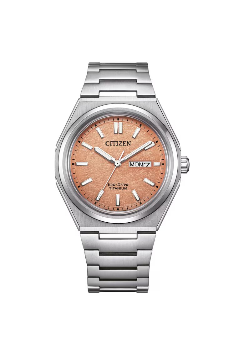 Citizen Мъжки часовник Super Titanium AW0130-85ZE - титаниева верижка - кръгъл корпус - сребрист цвят - оранжев циферблат - водоустойчив 100м