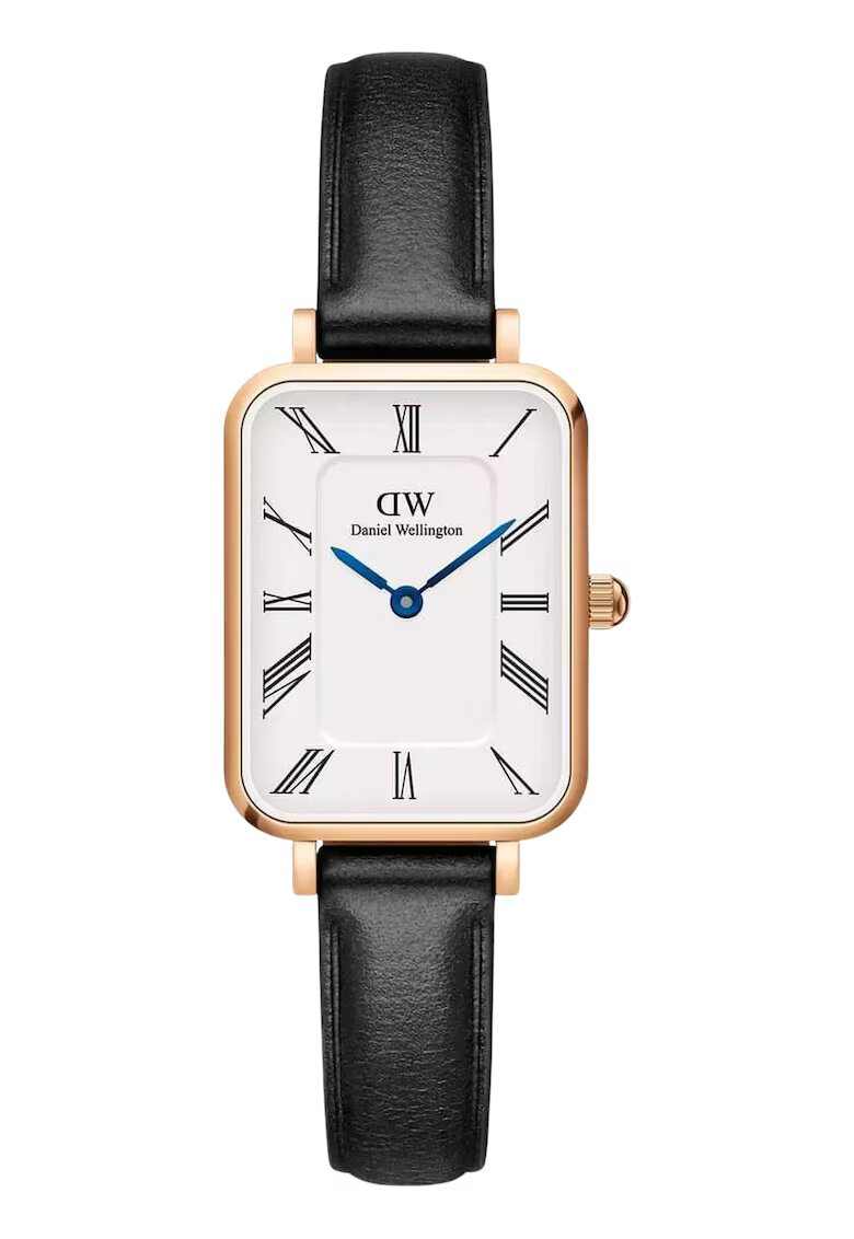 Daniel Wellington Дамски часовник Sheffield Quadro - правоъгълен - розово златист - черен кожен ремък - 20x10mm