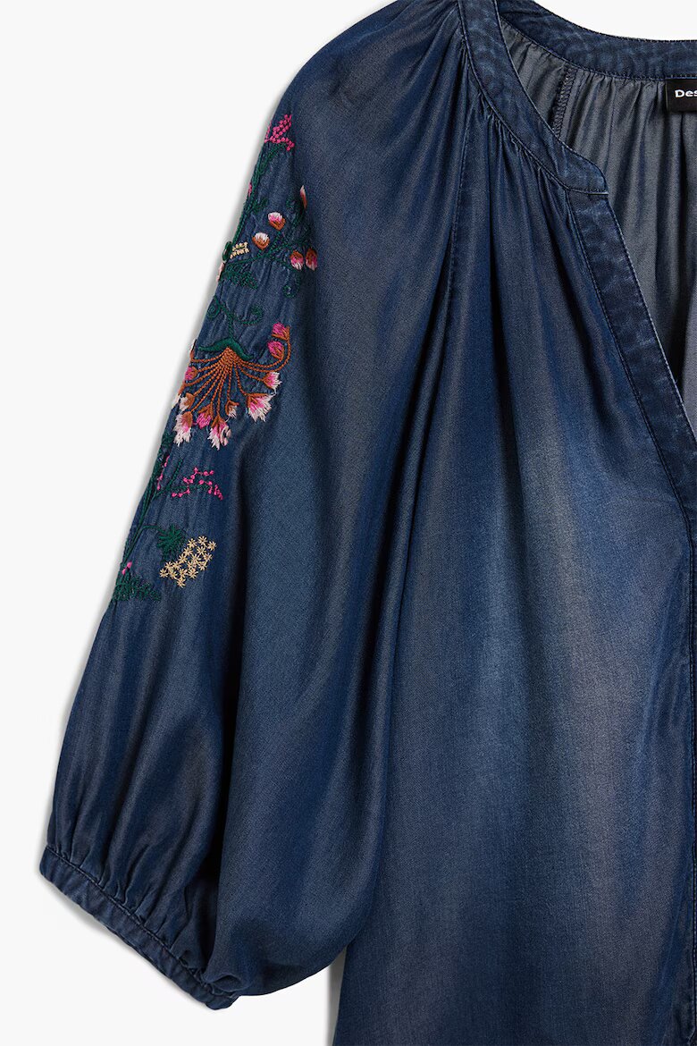 DESIGUAL Блуза от шамбре с бродирани ръкави Тъмносин