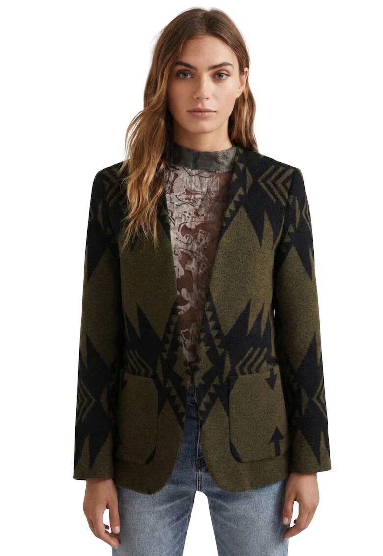 DESIGUAL Дамско сако Ikat - вълна - зелено - апликация символ на мира - вталена кройка