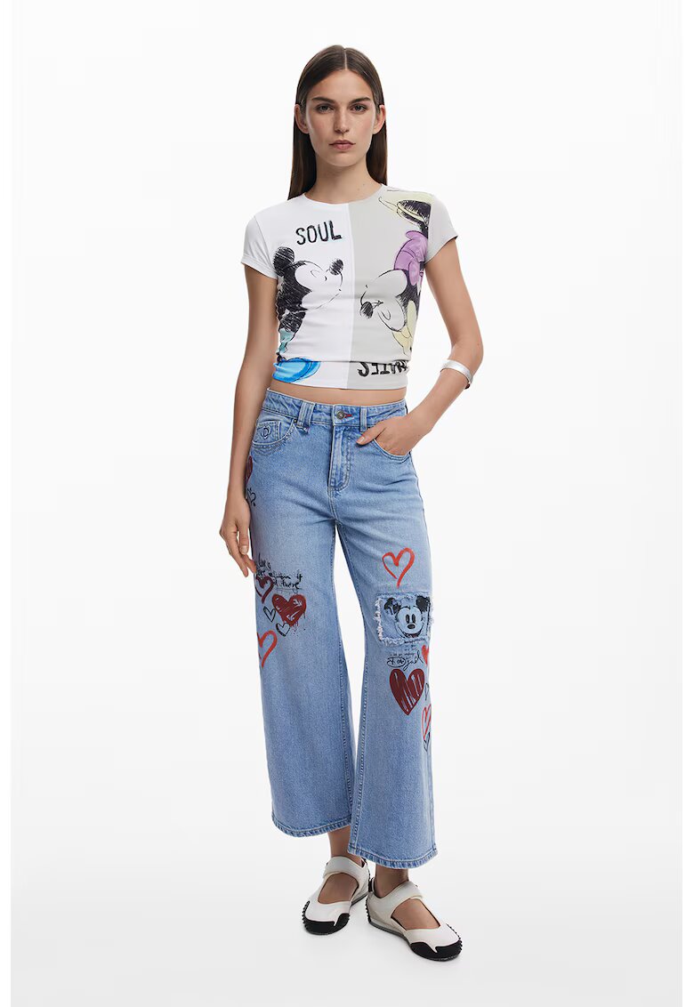 DESIGUAL Къса вталена тениска с принт на Mickey&Minnie - Бял/Светло сив