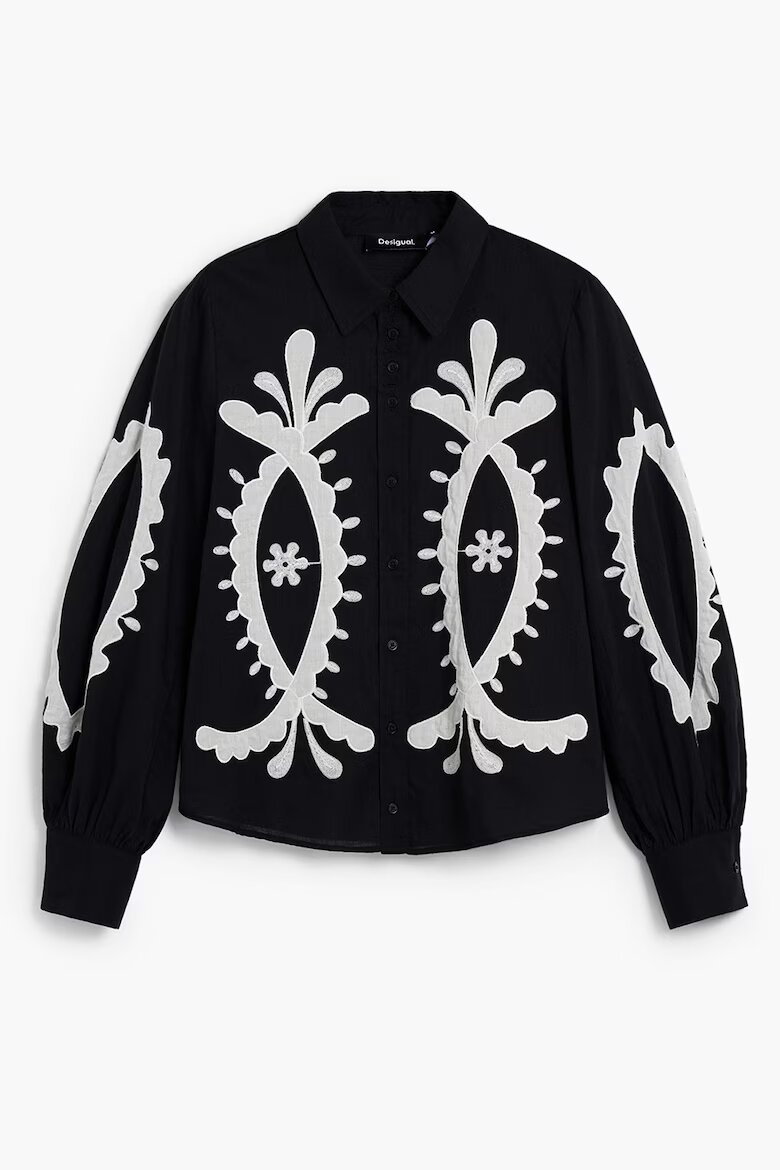 DESIGUAL Памучна риза с бродерия Сан Гало Черен/Мръснобял