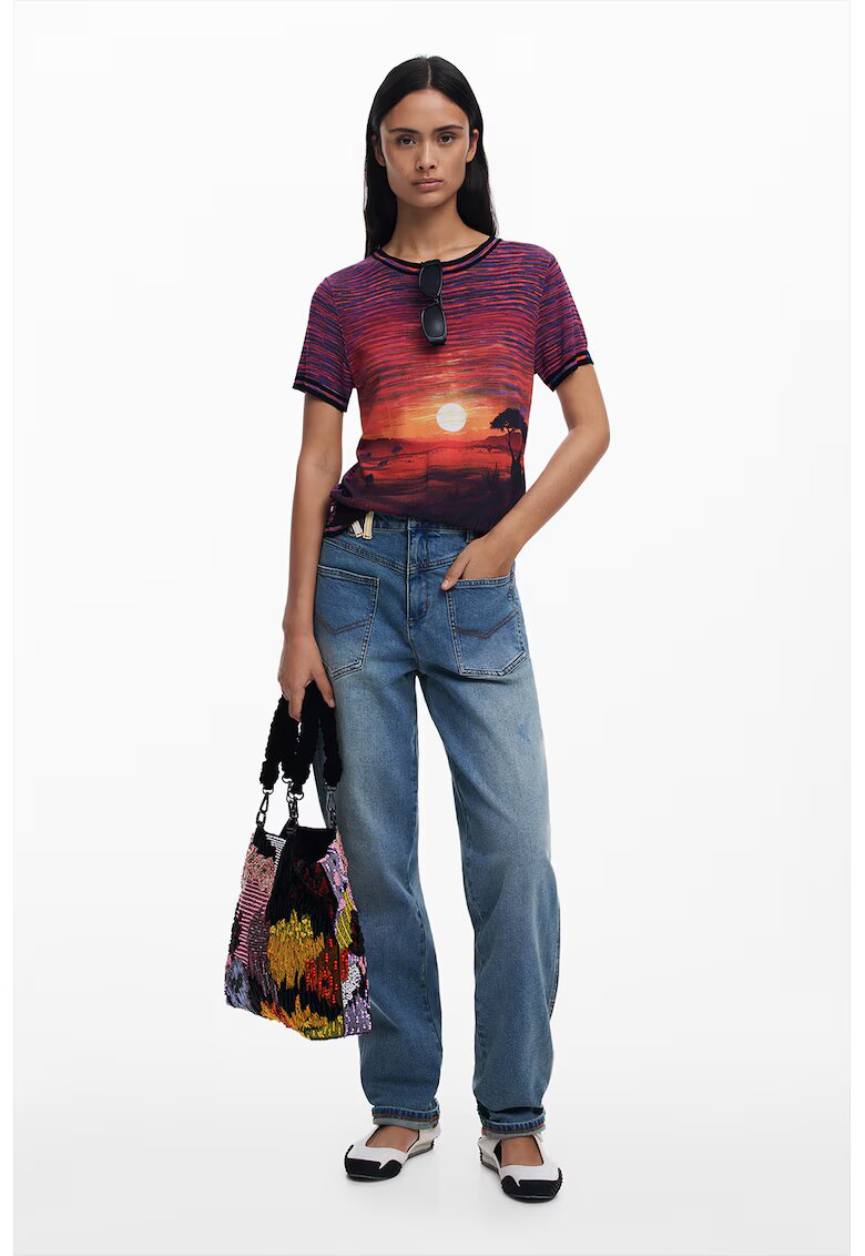 DESIGUAL Тениска с овално деколте и десен - Черен/Оранжев/Виолетов