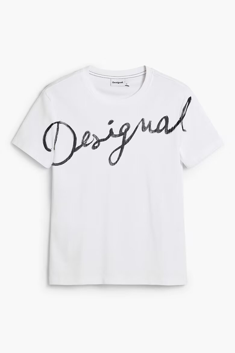 DESIGUAL Тениска с памук с овално деколте и лого Бял