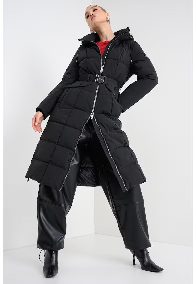 DKNY Дълго капитонирано зимно яке с връзка - Черен