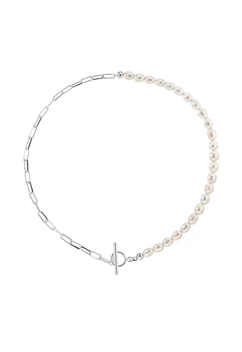 e-Crystal Колие ag.925 с бели култивирани перли 6 -5 мм + верижка с кламери - закопчалки S - Сребрист