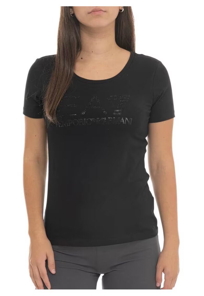 EA7 Дамска тениска TRAIN LOGO SERIES W TEE SS RN FANCY STRASS - Памук - Черна